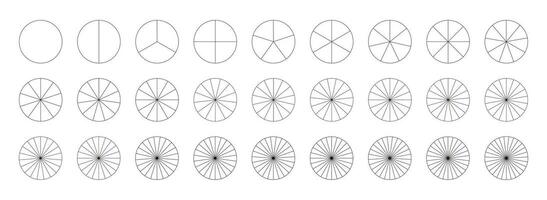 Pie chart template. Segmented charts collection. Many number of sectors divide the circle on equal parts. Outline black graphics. Set of pizza charts. Vector segments infographic. Diagram wheel parts.