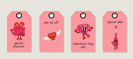 Vector set of discount price tags. Labels with cute love mascot stickers. Valentine's day sale.