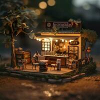 AI generated A charming and cozy coffee shop Set beside a busy highway with Warm and golden sunset light, and a Picturesque sunset view with vibrant colors. AI Generative photo