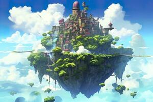 AI generated Ancient Heavenly Floating island in the sky with a castle, vibrant, fantasypunk, AI Generative photo