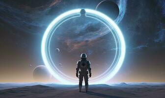 AI generated Astronaut in front of dimensional portal.  AI Generated. photo