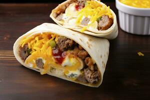 AI generated Breakfast burrito with sausage, eggs, hashbrown and cheese. AI Generated photo