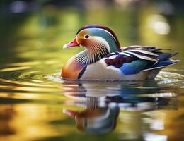 AI generated Closeup of mandarin duck swimming in lake. generative AI. photo