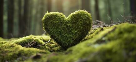 AI generated Closeup of wooden heart on moss. Natural burial grave in the woods. Generative AI photo