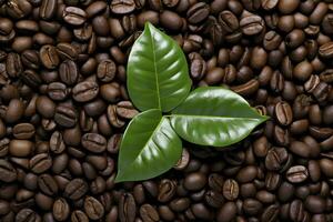 AI generated Green leaves with coffee beans as background. AI Generated photo