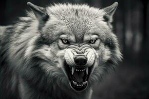 AI generated Greyscale closeup shot of an angry wolf with a blurred background. AI Generated photo