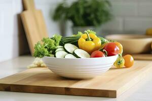 ai generado cocina todavía vida con blanco cuenco de lavado vegetales en de madera escritorio. ai generado foto