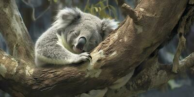 AI generated Koala asleep in tree. AI Generated photo