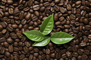 AI generated Green leaves with coffee beans as background. AI Generated photo