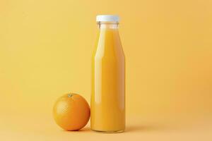 AI generated Orange Juice bottle on orange background. AI Generated photo