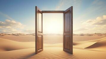 AI generated The opened door on the desert. Unknown and start up concept. AI Generated. photo