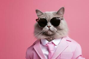 AI generated A cat is wearing sunglasses and suit on Pink Background. AI Generated photo