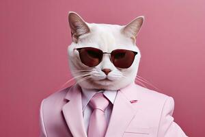 AI generated A cat is wearing sunglasses and suit on Pink Background. AI Generated photo