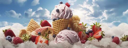 AI generated Banner with ice cream in a waffle cone on a summer day. Generative AI photo