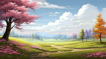 AI generated Spring season with colorful flowers and trees in a pretty meadow or field. AI Generated. photo