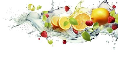 AI generated Swirl water splash with fruits. liquid flow with ice cubes and a mix of fresh fruits. Generative AI photo