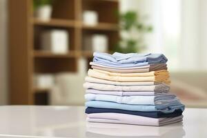 AI generated Stack of clean clothes on table in room. Generative AI photo