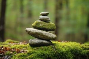 ai generado pirámide piedras equilibrar en antiguo cubierto de musgo caído árbol. ai generado foto