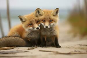 AI generated Wild baby red foxes cuddling at the beach. Generative AI photo