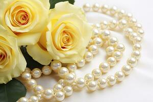 AI generated Yellow roses bouquet and pearls,in white background. AI Generated photo