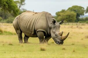 AI generated White Rhino grazing. AI Generated photo