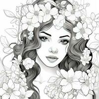 AI generated A girl on a coloring book page with Jasmine flowers. AI Generated photo