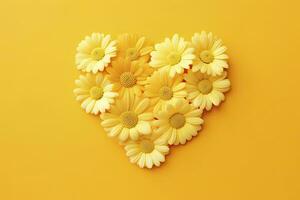 AI generated Yellow Heart Shaped By Yellow Daisies Over Yellow Background. AI Generated photo