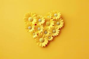 AI generated Yellow Heart Shaped By Yellow Daisies Over Yellow Background. AI Generated photo