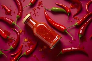 AI generated Tabasco hot pepper sauce with red chili pepper, flat lay. Generative AI photo