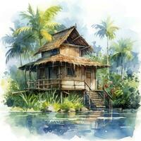 AI generated A watercolored bright serene image of a traditional bahay kubo. AI Generated photo