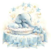 AI generated An elephant on a bed with stars and blankets around the circle. AI Generated photo