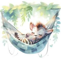 AI generated A sleepy baby zebra in a hammock. watercolor illustrations. AI Generated photo