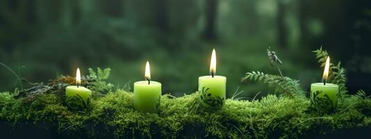 AI generated Burning candles on moss, dark green blurred the natural background. Magic candle. Generative AI photo