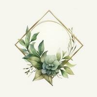 AI generated Watercolor geometry shape wreath with green leaf. AI Generated photo