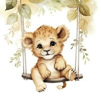 AI generated Cute happy baby lion on swings attached to the tree in watercolor style. AI Generated photo