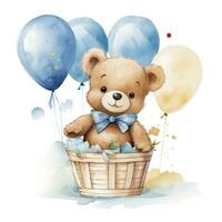 AI generated A watercolor baby teddy bear is sitting in the basket with blue and gold balloons. AI Generated photo