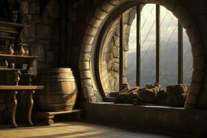 AI generated Barrel in an ancient castle beside the window. AI Generated photo