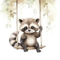 AI generated Cute baby raccoon in watercolour style, sitting on swings attached to the tree. AI Generated photo