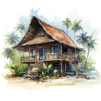 AI generated A watercolored bright serene image of a traditional bahay kubo. AI Generated photo