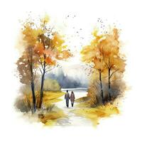 ai generado acuarela otoño paisaje con un Pareja caminando. ai generado foto