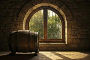 AI generated Barrel in an ancient castle beside the window. AI Generated photo