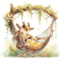 AI generated A sleepy baby giraffe in a hammock. watercolor illustration. AI Generated photo