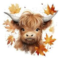 AI generated Happy cute baby highland cow in autumn leaves in the watercolor style. AI Generated photo