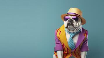 AI generated Cool looking bulldog wearing funky fashion dress. space for text right side. AI Generated photo