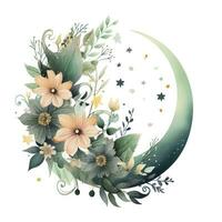 AI generated Watercolor floral Moon with greenery on a white background. AI Generated photo