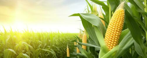 AI generated Closeup corn cobs in corn plantation field. Generative AI photo