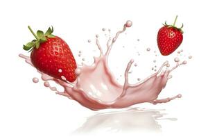 AI generated milk or yogurt splash with strawberries isolated on white background, 3d rendering. AI Generated photo