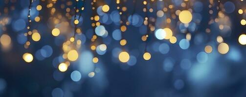 AI generated holiday illumination and decoration concept, Christmas garland bokeh lights over dark blue background. AI Generated photo