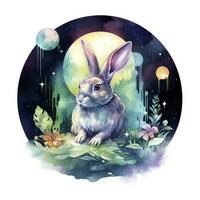 AI generated Watercolor Rabbit and Glowing Moon for T-shirt Design. AI Generated photo