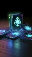 AI generated Some playing cards with glowing neon designs on a tablet. Generative AI photo